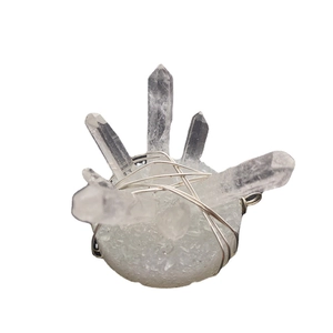 Natural white crystal pendant with silver wire wrap and round base jewelry finding