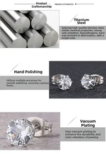 Detail of titanium steel stud earrings with hand-polished finish and zircon stones