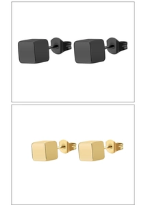 Detail view of small square cube stud earrings in polished gold and matte black finish