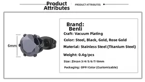 Detailed size chart for black cubic zirconia stud earrings in vacuum-plated titanium steel