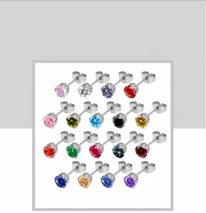 Macro shot of six-prong round 3A cubic zirconia stud earrings in twenty diverse colors