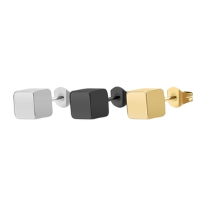 Polished titanium steel cube stud earrings set in silver black and gold colors