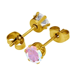 Pendientes dorados de seis garras con circonitas redondas de colores y estilo minimalista