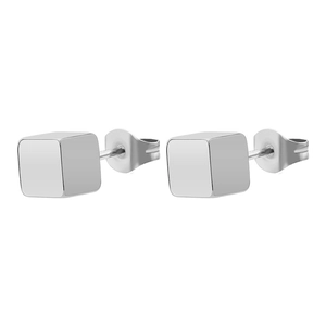 Minimalist square cube stud earrings in polished silver stainless steel for a trendy style