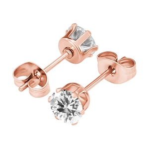 Elegant six-prong rose gold stud earrings featuring brilliant round-cut cubic zirconia stones