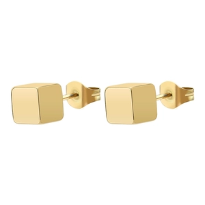 Polished gold square cube stud earrings in titanium steel for a minimalist fashion look
