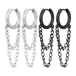 Pendientes de Aro con Cadena Doble y Borla de Acero Inoxidable Estilo Hip Hop Punk Hebilla de Oreja Geométrica para Hombres Mujeres Joyería