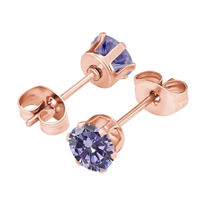 Elegant rose gold earrings with purple round zircon stone in classic six-prong setting