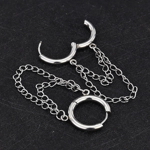 Pendientes de doble cadena plateada con tres aros, estilo punk unisex para un look moderno