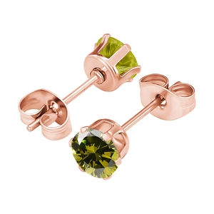 Detail of rose gold stud earrings featuring six-prong set olive green round zircons