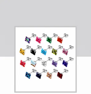 Detail view of square cut colorful cubic zirconia earrings in 19 different color options