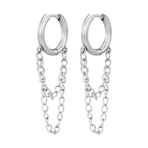 Pendientes minimalistas de doble cadena plateada con aro pulido y diseño de borla
