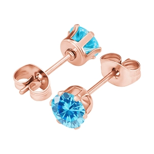 Detail of rose gold six-prong stud earrings with round blue stones and butterfly backs