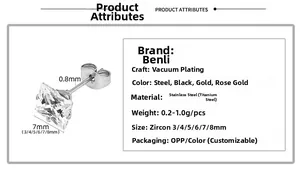 Detail specifications of square zircon studs showing 0.8mm pin and 3-8mm size options