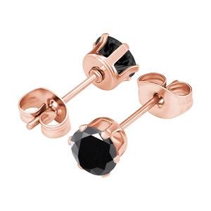 Detail view of rose gold six-prong stud earrings with black round zircon stones
