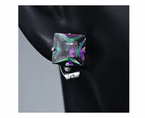 Macro view of rainbow square cubic zirconia stud earring with four-claw silver setting