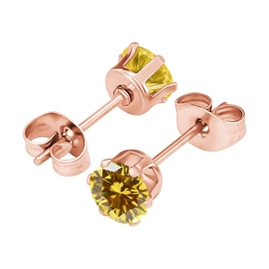 Macro shot of rose gold six-prong stud earrings with vibrant yellow round cubic zirconia