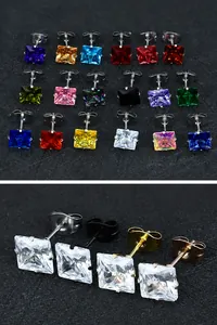 Macro shot of colorful square zircon earrings with multiple metal plating options
