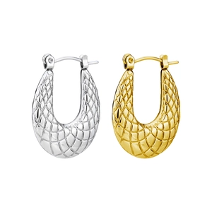 Minimalist U-shaped titanium steel earrings with textured diamond pattern in gold and silver