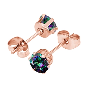 Macro detail of rose gold stud earrings featuring a six-prong set rainbow cubic zirconia stone