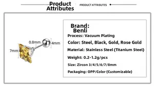 Détail de la boucle d'oreille en acier inoxydable avec zircon carré de 7mm et bille de 4mm