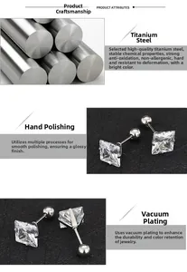 Vue détaillée des boucles d'oreilles en zircone carrée avec fermoirs à vis en acier