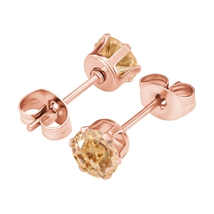 Detailed view of rose gold six-claw stud earrings with sparkling champagne zircon stones