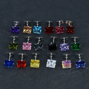 Variety set of 316L stainless steel square cubic zirconia stud earrings in multiple colors