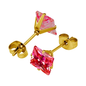 Minimalistische quadratische rosa Zirkon-Ohrstecker mit Vergoldung und Vier-Krallen-Fassung