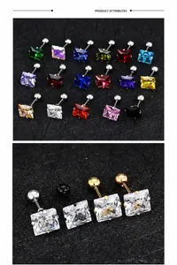 Gros plan de clous d'oreilles carrés en zircon coloré avec fermoir à vis à bille