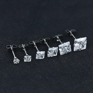Set of six pairs of 316L stainless steel square zircon stud earrings in various sizes