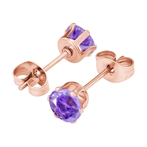 Detail of rose gold stud earrings with round purple zircon in classic four-prong setting