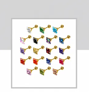Detail of colorful square zircon stud earrings with secure screw-back ball closures
