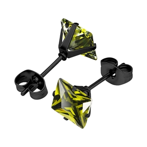 Detail view of square yellow-green zircon earrings with modern black plated metal studs