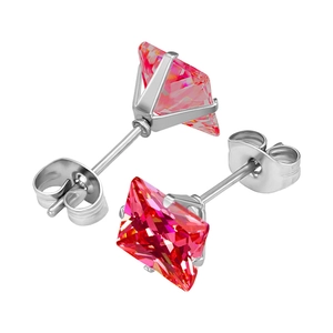 Silver 316L stainless steel stud earrings featuring square pink cubic zirconia stones