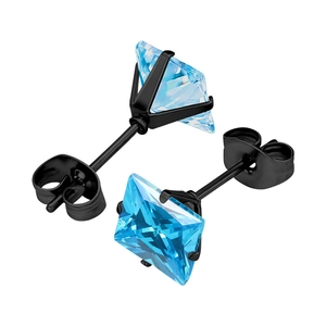 Close-up of square blue zircon earrings with black four-prong setting and butterfly back