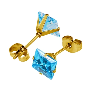 Detailsicht der quadratischen himmelblauen Zirkonia-Ohrringe mit Goldfassung