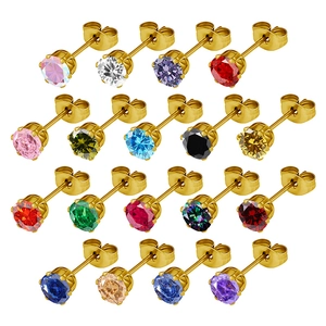 Pendientes de Botón de Circonia Colorida de Moda Acero Inoxidable 6 Garras Circon Redondo Con Poste de Plata de Ley 925 Para Mujer Joyería Simple