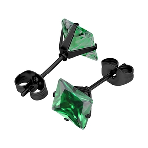 Macro detail of square green zircon earrings with black four-prong setting and butterfly back