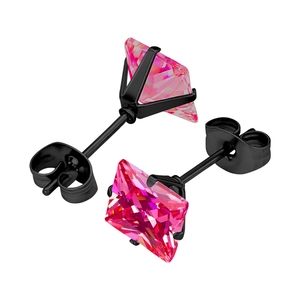 Detail view of pink square zircon studs with black four-claw setting and butterfly backs