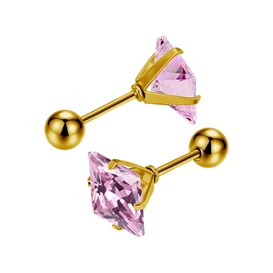 Detail view of square pink zircon stud earrings with gold-plated stainless steel