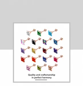Lot de 19 clous d'oreilles carrés en zircon coloré avec fermoirs à vis en or rose poli