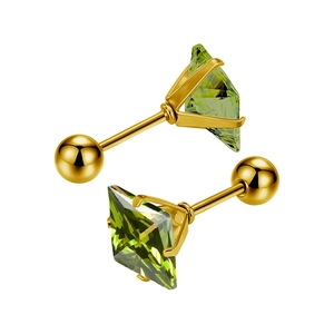 Fashionable gold stainless steel stud earrings featuring square green zircon stones