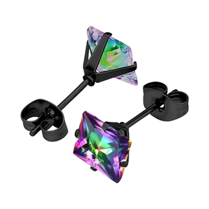 Close-up of square rainbow zircon earrings with black four-claw setting and butterfly backs