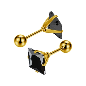 Detail of square black zircon studs with golden four-prong setting and screw back balls