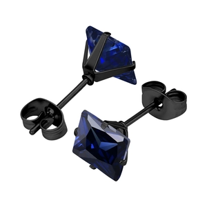 Square cut navy blue zircon stud earrings with black four-prong setting and butterfly back