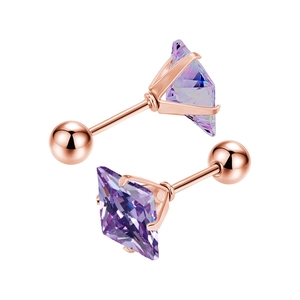 Détails de boucles d'oreilles carrées en zircon violet rose gold avec fermoirs à vis boules