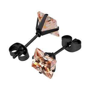 Square champagne zircon stud earrings with black four-prong setting for women