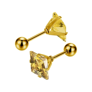 Close-up of gold stud earrings with square yellow zircon and secure screw-back ball