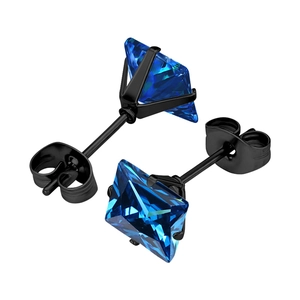 Detail of square blue zircon studs with black four-claw setting and butterfly backs